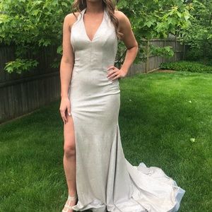 Ava Presley prom gown with train and bustle added. Champagne size 4